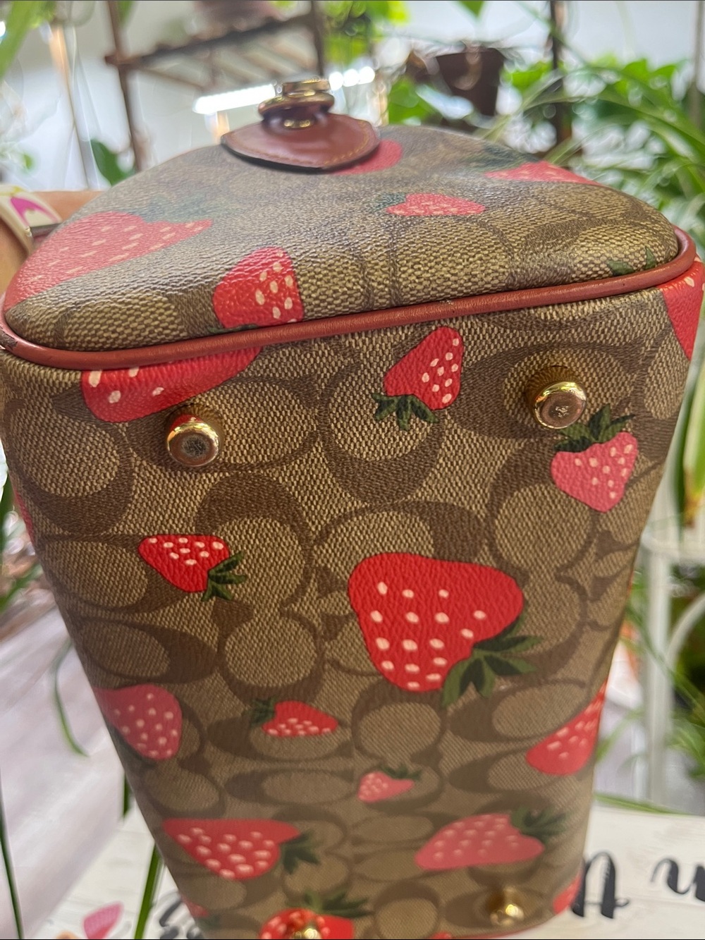 Coach Brown Signature Satchel with Red Strawberry Print - Picture 6 of 11